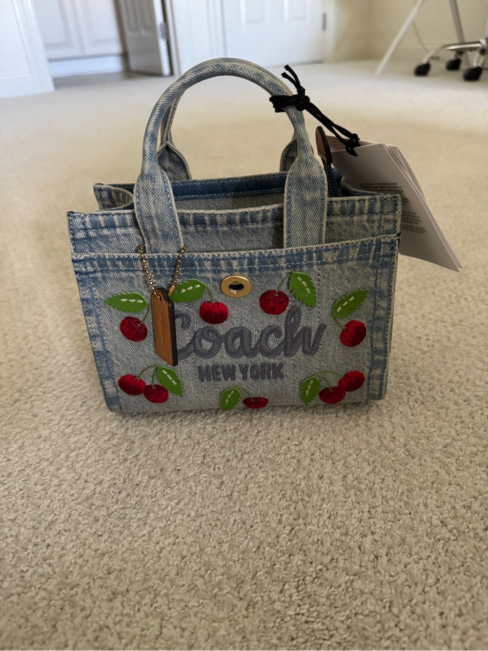 Coach Light Blue Denim Mini Tote with Cherry Appliqués